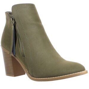 Stacked Chunky Heel Booties Olive Green Nubuck Ankle Boots | Earthy. Elevated.